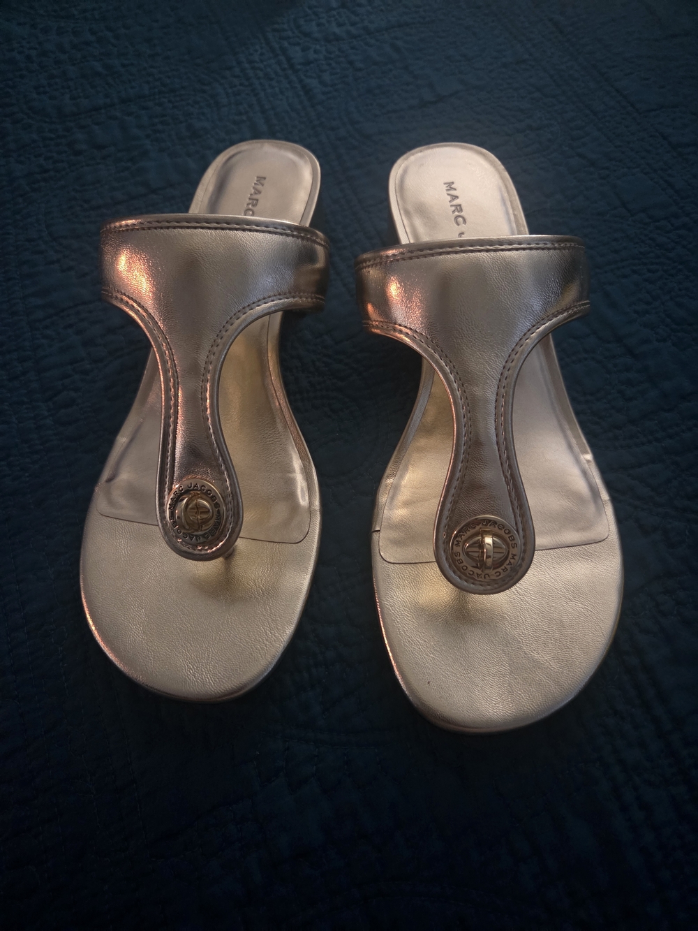 Marc Jacobs "THE TURNLOCK T-HEEL" Metallic Gold Thong Sandals